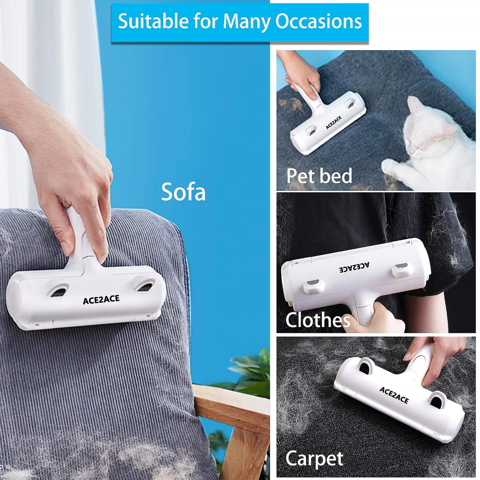 ACE2ACE Tierhaarentferner Fusselrolle – Wiederverwendbare Fusselrolle für Hunde- und Katzenhaare – Ideal für Sofa, Bett, Teppich &amp; Kratzbaum – Weiß